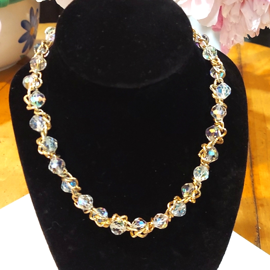 Vendome Necklace Aurora Borealis Crystals Wrapped In Goldtone Rope 100$